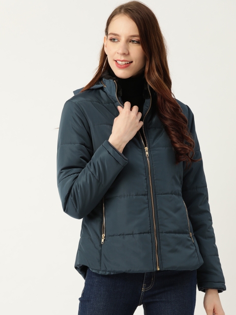 

Okane Women Teal Blue Solid Hooded Padded Jacket