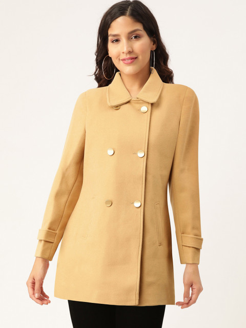 

Okane Women Beige Solid Double-Breasted Overcoat