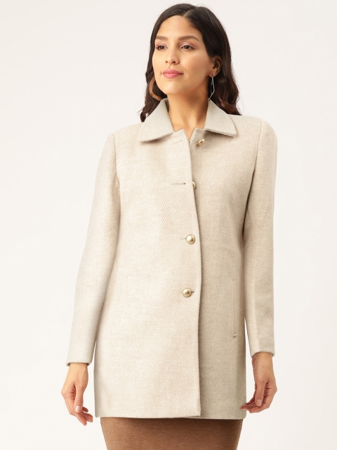 

Okane Women Cream-Coloured Self-Design Single-Breasted Overcoat