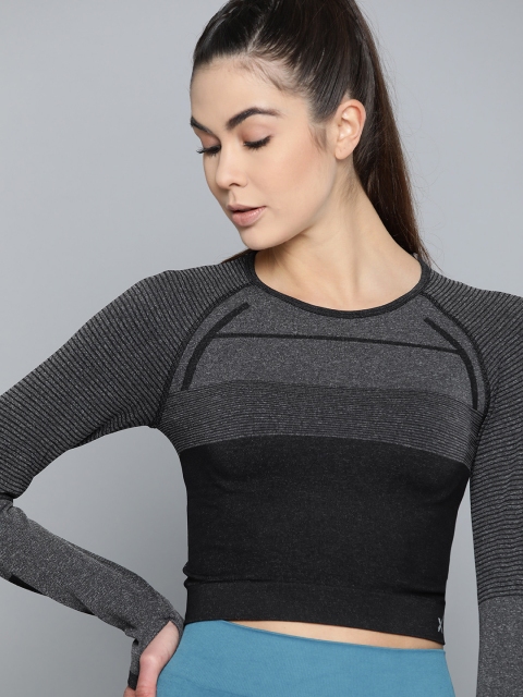 

HRX by Hrithik Roshan Women Charcoal Grey Striped Round Neck Cropped Yoga T-shirt