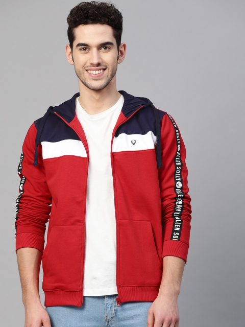 

Allen Solly Sport Men Red & Navy Blue Colourblocked Hooded Sweatshirt