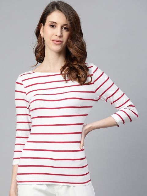

Marks & Spencer Women White & Red Striped Boat Neck T-shirt