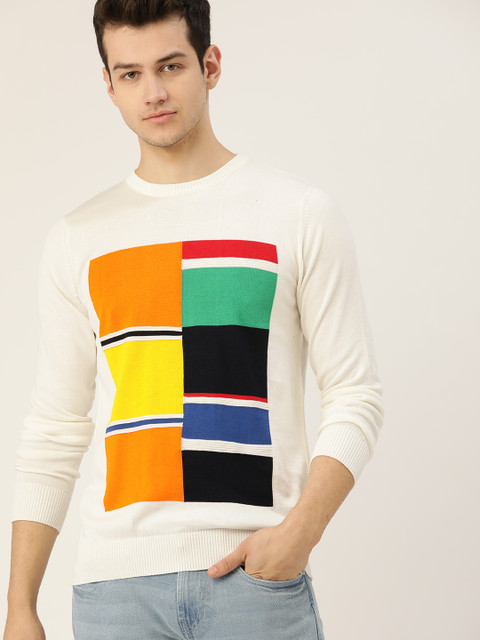 

United Colors of Benetton Men Off-White & Orange Colourblocked Cotton Pullover Sweater