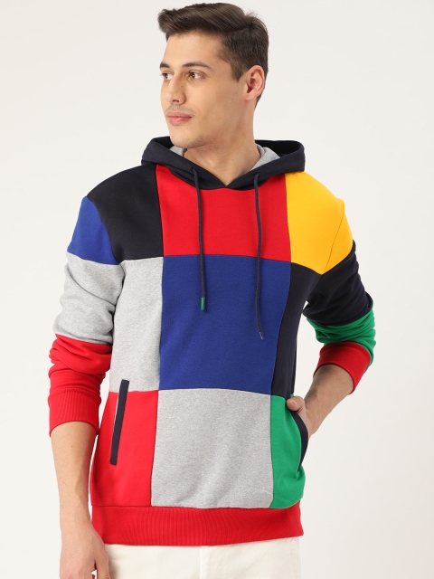 

United Colors of Benetton Men Red & Blue Colourblocked Hooded Sweatshirt