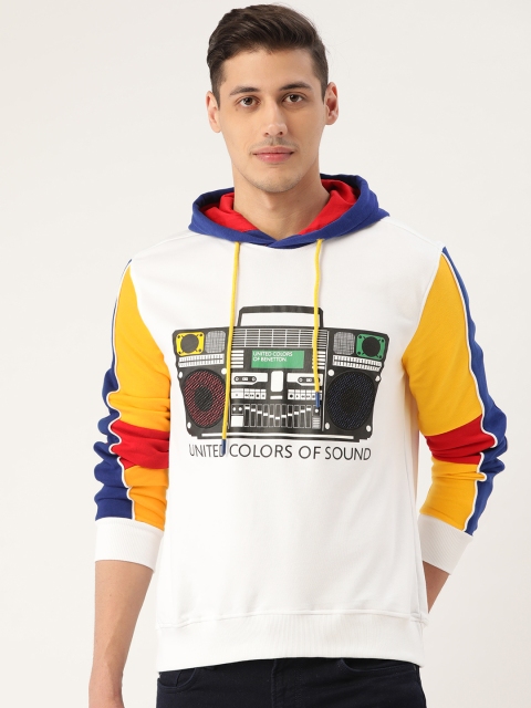 

United Colors of Benetton Men White & Black Quirky Printed Hooded Sweatshirt