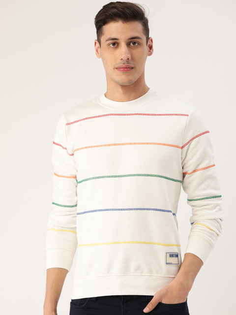 

United Colors of Benetton Men Off-White & Green Striped Sweatshirt