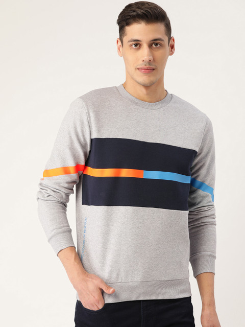 

United Colors of Benetton Men Grey Melange & Black Colourblocked Sweatshirt