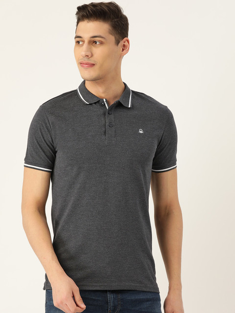 

United Colors of Benetton Men Charcoal Grey Solid Polo Collar T-shirt