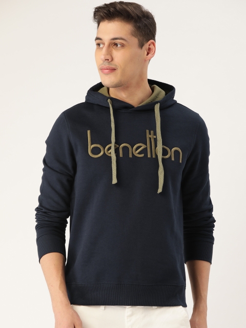 

United Colors of Benetton Men Navy Blue & Olive Green Printed Hooded Sweatshirt