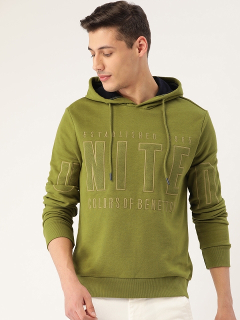 

United Colors of Benetton Men Olive Green & Beige Self Design Hooded Sweatshirt
