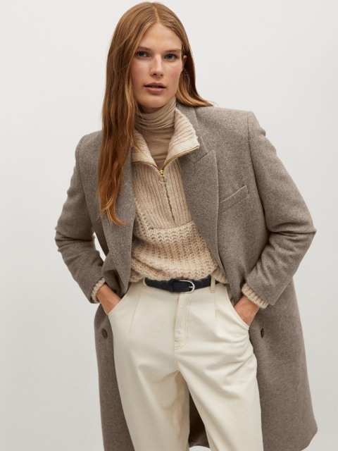 

MANGO Women Grey Solid Double Breasted Sustainable Coat