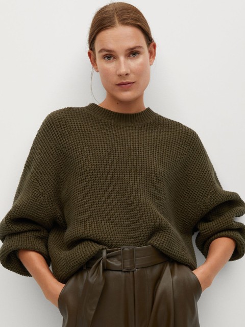 

MANGO Women Olive Green Solid Pullover Sweater