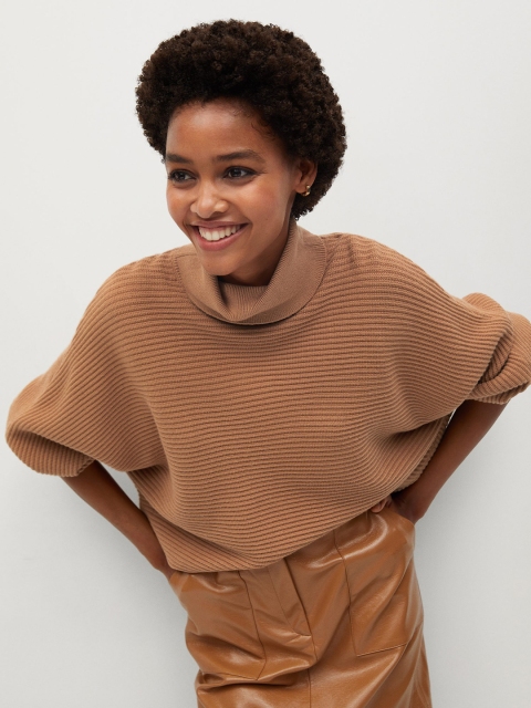 

MANGO Women Beige Ribbed Boxy Pullover