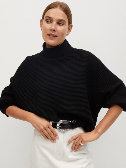

MANGO Women Black Self-Striped Oversize Pullover Sweater