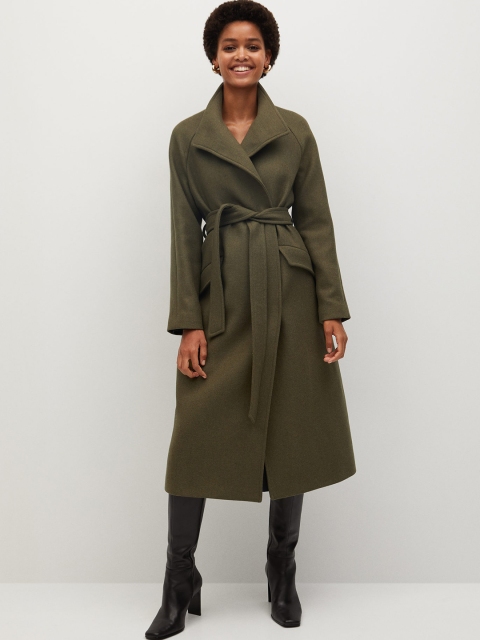 

Mango Women Olive Green Solid Longline Sustainable Front Wrap Coat with Belt