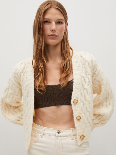 

MANGO Women Cream-Coloured Cable Knit Puffed Sleeves Cardigan