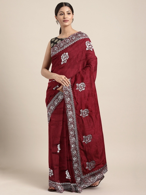 

Mitera Maroon & Silver-Toned Silk Blend Embroidered Saree