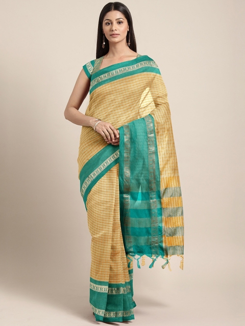 

KALINI Cream-Coloured & Teal Green Silk Cotton Checked Saree