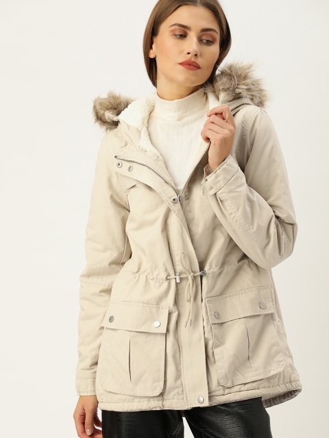 

FOREVER 21 Women Beige Solid Parka Jacket with Faux Fur-Trim Detail