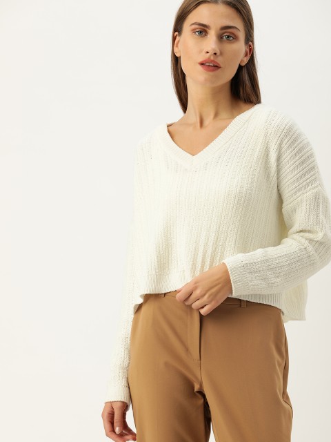 

FOREVER 21 Women White Solid Pullover Sweater