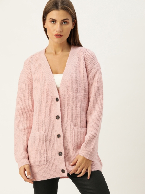 

FOREVER 21 Women Pink Ribbed Cardigan Sweater