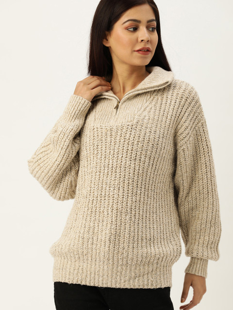 

FOREVER 21 Women Beige Self Design Pullover Sweater