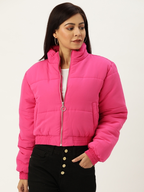 

FOREVER 21 Women Pink Solid Crop Padded Jacket