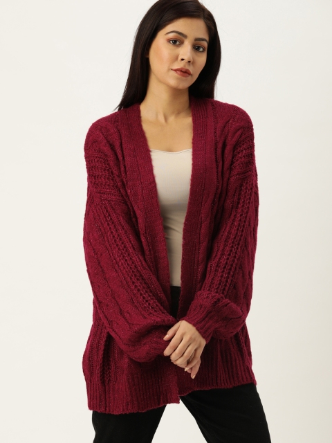

FOREVER 21 Women Burgundy Cable Knit Cardigan Sweater