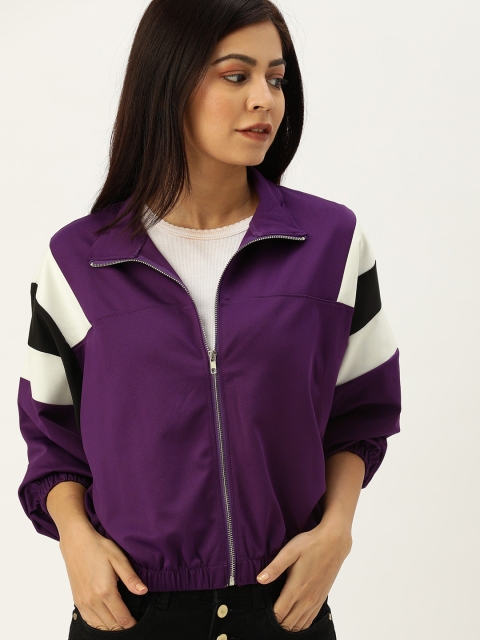 

FOREVER 21 Women Purple Solid Bomber Jacket With Colourblocked Sleeves