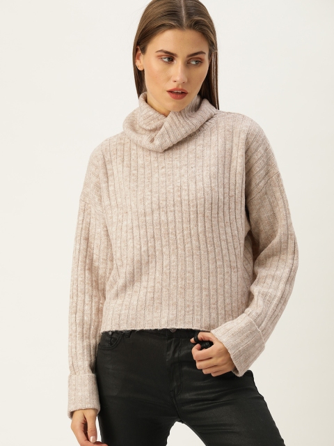 

FOREVER 21 Women Beige Solid Ribbed Pullover Sweater