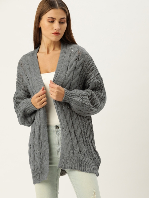 

FOREVER 21 Women Grey Self Design Cardigan Sweater