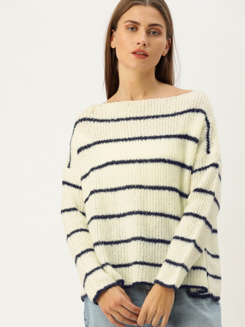 

FOREVER 21 Women Cream-Coloured Striped Pullover Sweater