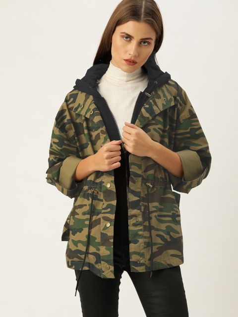 

FOREVER 21 Women Olive Green Printed Open Front Jacket