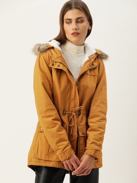 

FOREVER 21 Women Mustard Yellow Solid Parka Jacket with Faux Fur-Trim Detail