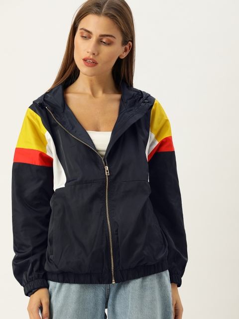 

FOREVER 21 Women Navy Blue & White Colourblocked Bomber Jacket