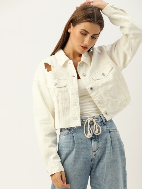 

FOREVER 21 Women White Solid Distressed Cropped Denim Jacket