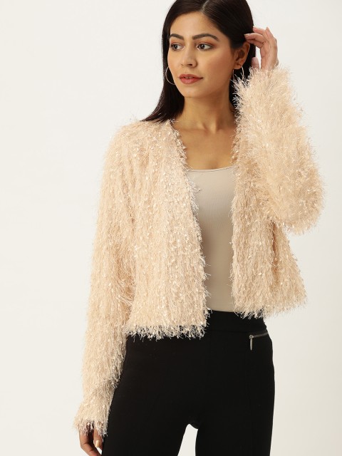 

FOREVER 21 Women Peach-Coloured Solid Open Front Fringe Jacket