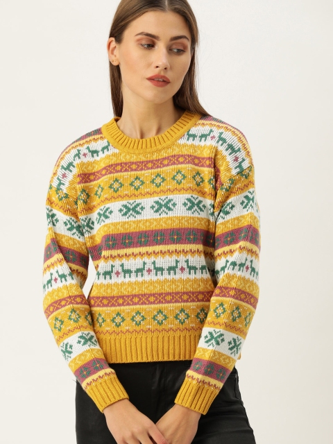 

FOREVER 21 Women Mustard Yellow & Blue Fair Isle Pullover Sweater