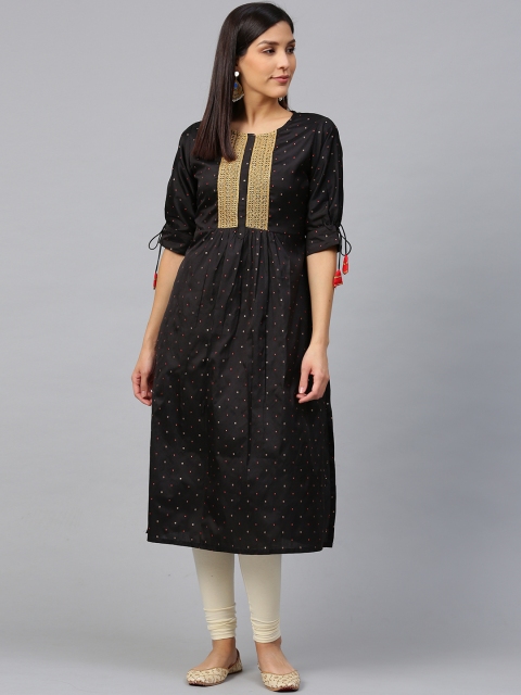

Bhama Couture Women Black & Red Woven Design Straight Kurta