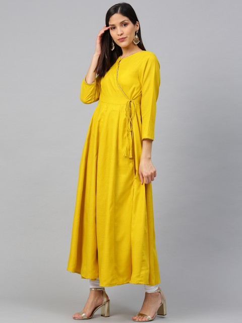 

Bhama Couture Women Mustard Yellow Lace Detail Solid Angrakha Anarkali Kurta