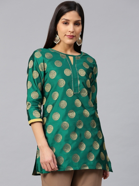 

Bhama Couture Women Green & Golden Woven Design Silk Straight Kurti
