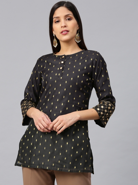 

Bhama Couture Women Black & Golden Woven Design Silk Straight Kurti