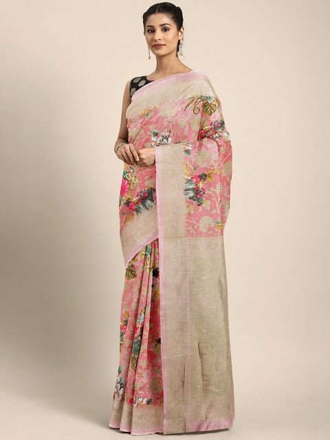 

KALINI Pink & Olive Green Art Silk Floral Printed Saree