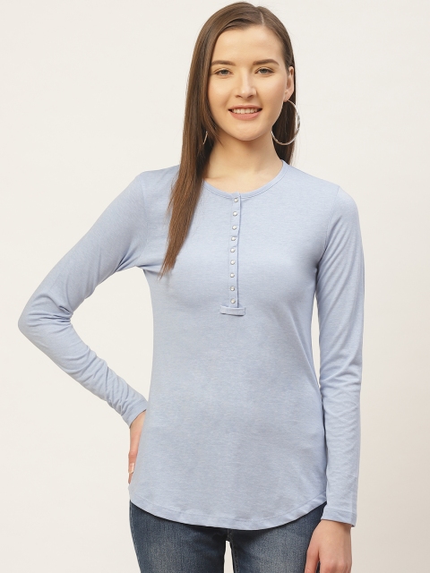 

VERONIQUE Women Blue Solid Henley Neck T-shirt