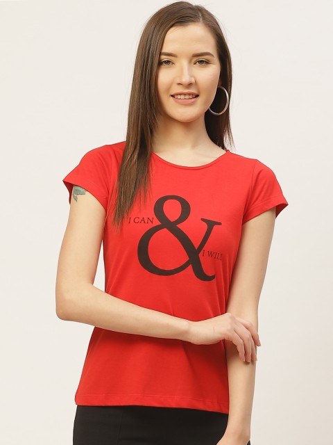 

VERONIQUE Women Red & Black Typography Printed Round Neck T-shirt