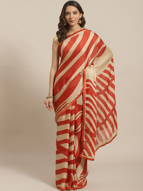 

Shaily Beige & Red Satin Finish Striped Saree