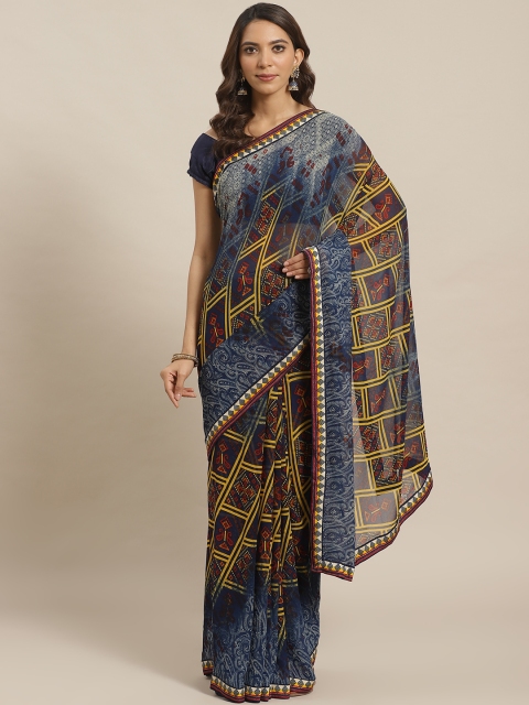 

Shaily Navy Blue & Yellow Printed Saree