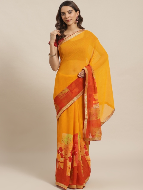 

Shaily Mustard Yellow & Red Solid Saree
