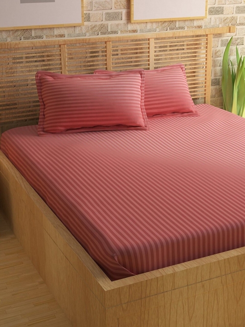 

eCraftIndia Pink Striped 210 TC Cotton 1 King Bedsheet with 2 Pillow Covers