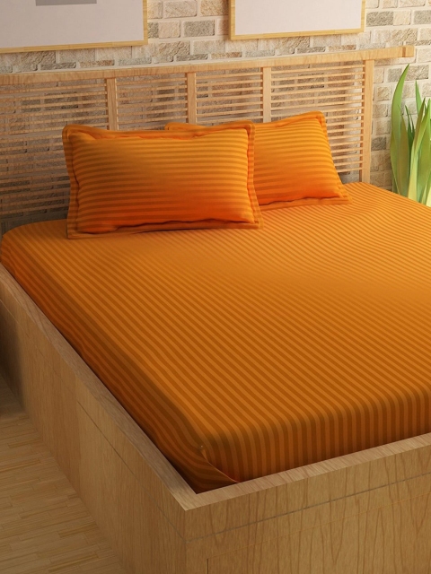 

eCraftIndia Yellow Striped 210 TC Cotton 1 King Bedsheet with 2 Pillow Covers